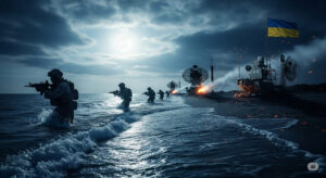Dramatic scene of Ukrainian special forces landing on a Crimean sandbar at night, with faint outlines of radars and flags in the background, symbolizing stealth and defiance in the Russia-Ukraine war.