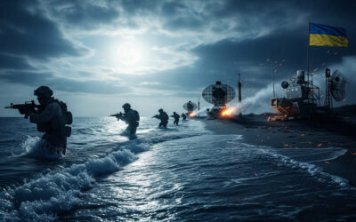 Dramatic scene of Ukrainian special forces landing on a Crimean sandbar at night, with faint outlines of radars and flags in the background, symbolizing stealth and defiance in the Russia-Ukraine war.