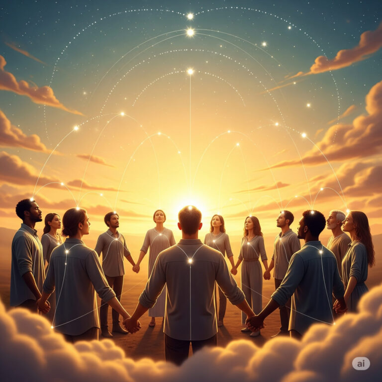 A vibrant illustration of diverse people holding hands under a glowing, radiant sky, symbolizing collective consciousness and spiritual upliftment.