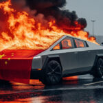 A symbolic image depicting a burning electric vehicle shrouded in a Chinese flag, with shadowy figures silencing onlookers amid flooded streets, representing censorship and hidden crises in China.