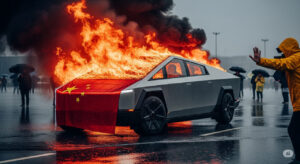 A symbolic image depicting a burning electric vehicle shrouded in a Chinese flag, with shadowy figures silencing onlookers amid flooded streets, representing censorship and hidden crises in China.