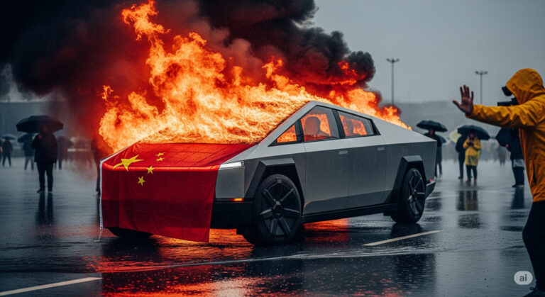 A symbolic image depicting a burning electric vehicle shrouded in a Chinese flag, with shadowy figures silencing onlookers amid flooded streets, representing censorship and hidden crises in China.